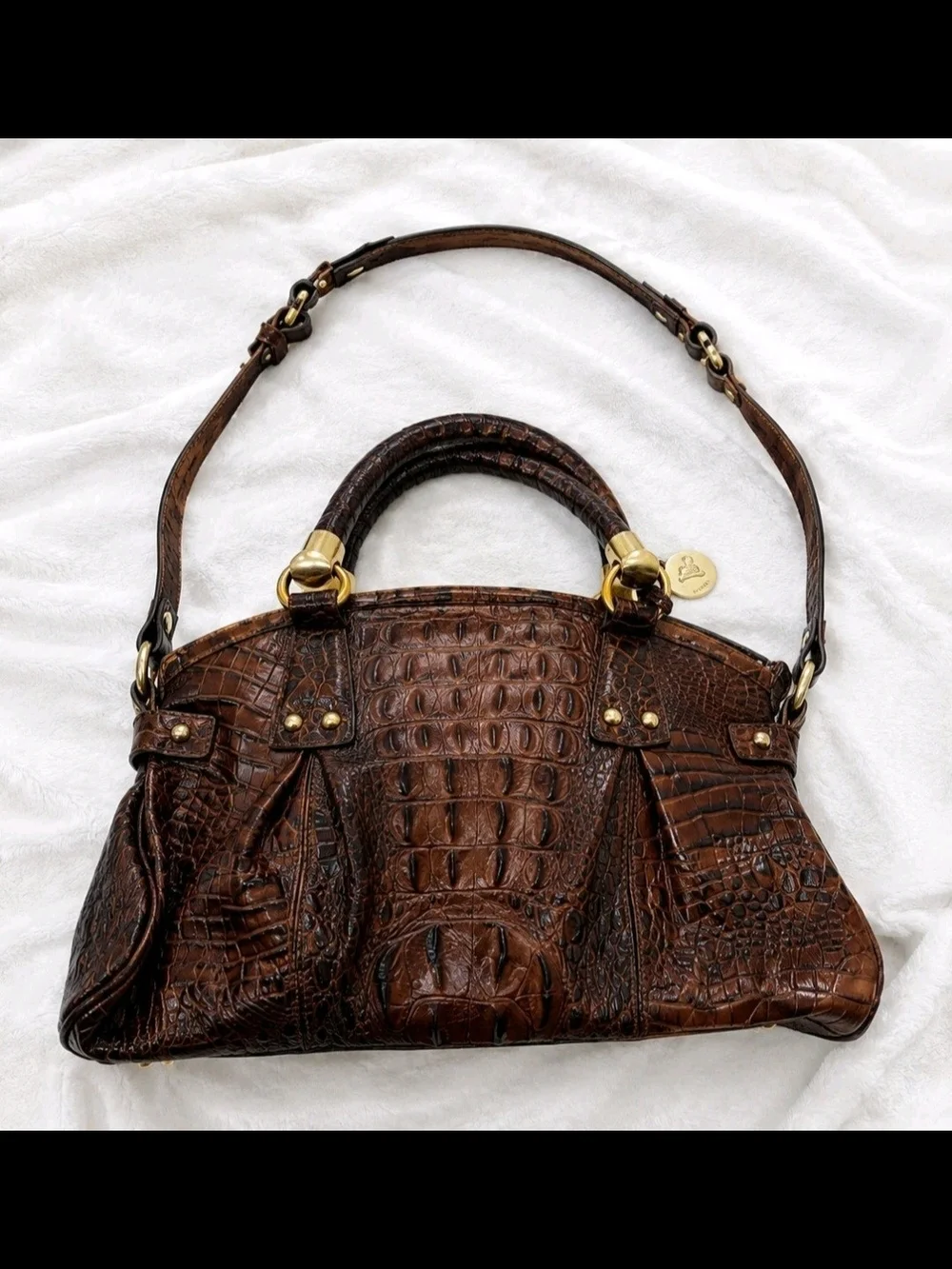Brahmin Women's Brown Embossed Croc-Style Satchel Top Handle Bag Gold Hardware